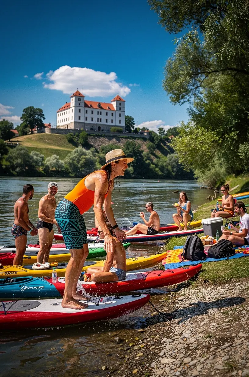 Slnečné letné pláže pri jazere s rekreačnými návštevníkmi v prírode Slovenska.